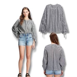 GAP Women's Navy Blue/ White Gingham Ruched Sleeve Blouse